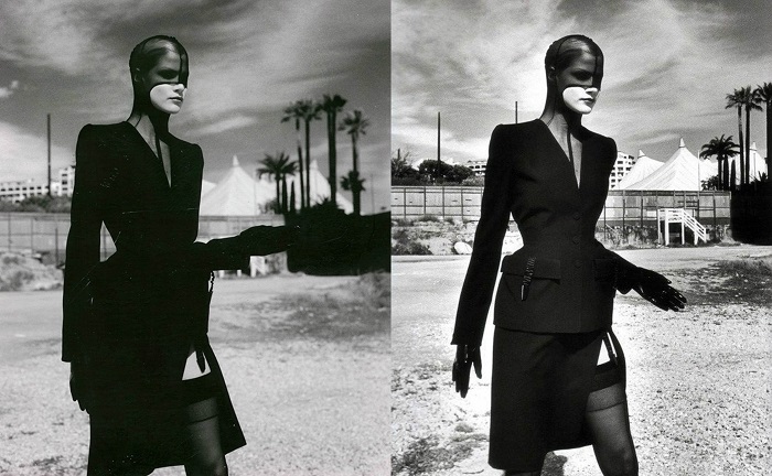 Η polaroid όπως περιλαμβάνεται στη συλλογή του φωτογράφου (αριστερά) και η τελική δημοσιευμένη φωτογραφία (δεξιά) στα πλαίσια καμπάνιας του σχεδιαστή Thierry Mugler, 1998. Οι διαφορές λήψης σχεδόν αμελητέες.