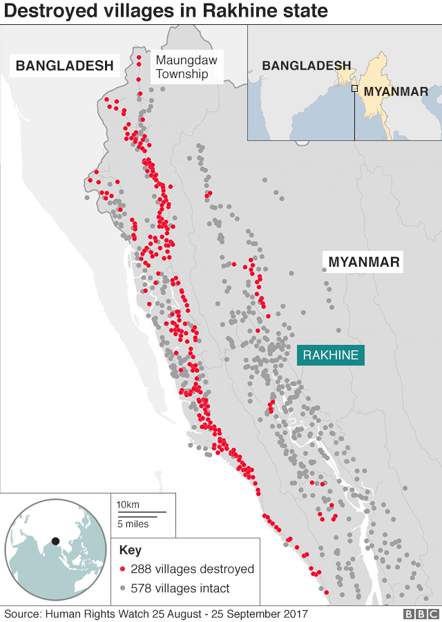 Με κόκκινο σημειώνονται τα κατεστραμμένα χωριά των Ροχίνγκια.