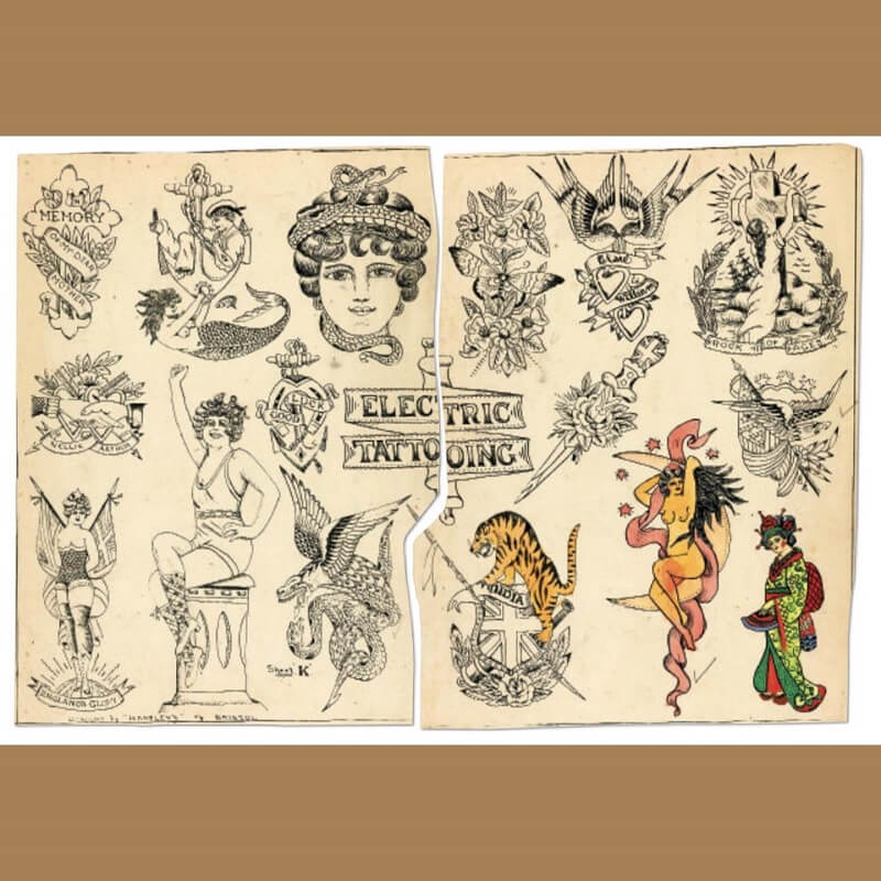 Διαφημιστικό flash, Joseph Hartley, ca. 1920s. Ο Hartley ήταν ο πρώτος που σχεδίασε και πούλησε ασπρόμαυρο φλας σε άλλους καλλιτέχνες τατουάζ. Εκείνοι μπορούσαν έπειτα να το χρωματίσουν όπως ήθελαν (όπως έκανε ο Βρετανός τατουάζ Les Skuse εδώ) και να κρεμάσουν το προσαρμοσμένο flash στους τοίχους τους.