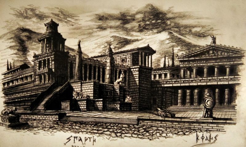 Η ‘’Σπάρτη επί Πύρρου’’, έργο, σε μεγάλο βαθμό εμπνευσμένο, από το αντίστοιχο του Βρετανού ζωγράφου και διαπρεπή αρχιτέκτονα, Joseph Michael Gandy, του 19ου αιώνα. Συγκεκριμένα στην υδατογραφία του, απεικονίζει την Περσική Πύλη στην Πλατεία του βουλευτηρίου.